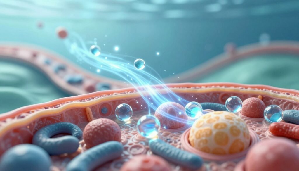 A vibrant and scientifically precise depiction of cellular metabolism and water intake, focusing on a cross-sectional view of human cells amidst a dynamic backdrop representing metabolic activity. The foreground features intricately structured cells, showcasing organelles like mitochondria and lysosomes, with bright, luminescent water molecules interacting with cellular membranes. In the middle ground, a flowing stream of energy signals, depicted as light trails, represents metabolic processes fueled by increased hydration. The background blends smooth gradients of blues and greens, symbolizing water's refreshing essence and its importance in cellular function. Use soft, diffused lighting to create a serene yet energetic atmosphere, with a macro lens perspective to emphasize cellular details. The overall mood is educational and inspiring, capturing the essence of biological adjustment to hydration.