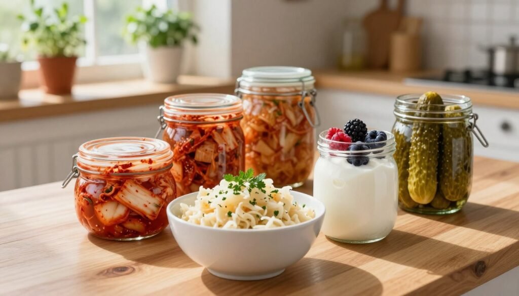 A vibrant arrangement of probiotic foods on a wooden table, showcasing a variety of items such as colorful kimchi, creamy yogurt topped with fresh berries, and a jar of fermented pickles. In the foreground, a small bowl of sauerkraut garnished with herbs captures attention, reflecting various textures. The middle ground features a clean, rustic kitchen setting with sunlight streaming through a window, casting soft shadows on the table. In the background, potted herbs sit neatly on a shelf, enhancing the healthy atmosphere. The scene is bright and inviting, evoking a sense of wellness and vitality. The overall mood is fresh and educational, perfect for a health-focused article. A vibrant arrangement of probiotic foods on a wooden table, showcasing a variety of items such as colorful kimchi, creamy yogurt topped with fresh berries, and a jar of fermented pickles. In the foreground, a small bowl of sauerkraut garnished with herbs captures attention, reflecting various textures. The middle ground features a clean, rustic kitchen setting with sunlight streaming through a window, casting soft shadows on the table. In the background, potted herbs sit neatly on a shelf, enhancing the healthy atmosphere. The scene is bright and inviting, evoking a sense of wellness and vitality. The overall mood is fresh and educational, perfect for a health-focused article.