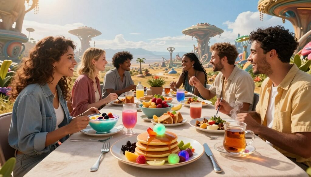 A vibrant breakfast scene set on the alien landscape of Zepbound, featuring a colorful array of exotic dishes showcasing local delicacies. In the foreground, a beautifully arranged table displays fluffy alien pancakes topped with luminescent fruit, an iridescent smoothie bowl, and steaming herbal teas. In the middle ground, a diverse group of people in modest casual clothing enjoys the meal, exchanging smiles and laughter, with futuristic utensils and tableware enhancing the experience. The background reveals the stunning Zepbound horizon, dotted with unique flora and alien architecture under a bright, clear sky, casting warm, inviting golden light across the scene. The atmosphere is cheerful and inviting, evoking a sense of exploration and adventure. A vibrant breakfast scene set on the alien landscape of Zepbound, featuring a colorful array of exotic dishes showcasing local delicacies. In the foreground, a beautifully arranged table displays fluffy alien pancakes topped with luminescent fruit, an iridescent smoothie bowl, and steaming herbal teas. In the middle ground, a diverse group of people in modest casual clothing enjoys the meal, exchanging smiles and laughter, with futuristic utensils and tableware enhancing the experience. The background reveals the stunning Zepbound horizon, dotted with unique flora and alien architecture under a bright, clear sky, casting warm, inviting golden light across the scene. The atmosphere is cheerful and inviting, evoking a sense of exploration and adventure.
