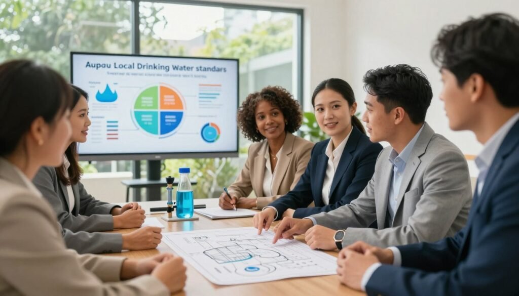 A vibrant community meeting focused on improving local drinking water standards. In the foreground, a diverse group of professionals in business attire, including a middle-aged Black woman and a young Hispanic man, are engaged in discussion, pointing to a blueprint of a water filtration system. In the middle ground, a large presentation board displays colorful infographics about water safety initiatives and local statistics. The background features a well-lit room with large windows, showcasing greenery outside, symbolizing a connection to nature. Soft, warm lighting creates an optimistic atmosphere, emphasizing teamwork and community engagement. The image should convey a sense of hope and proactive action towards ensuring clean, safe drinking water for the community.
