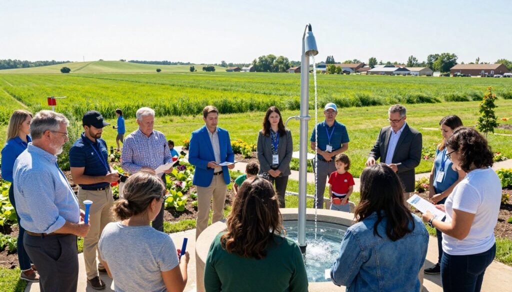 A vibrant community scene in Kansas focused on clean water initiatives. In the foreground, a diverse group of community members, including men and women in professional attire and modest casual clothing, collaborate on a water purification project, holding tools and discussing plans. The middle ground features a modern water filtration system with clear, sparkling water flowing into a nearby garden where children play. In the background, lush green fields under a bright, sunny sky, with a distant view of rolling hills and a small town. The mood is optimistic and cooperative, symbolizing community effort and environmental stewardship. Use natural lighting with soft shadows to create an inviting atmosphere, captured from a slightly elevated angle to showcase the layout.