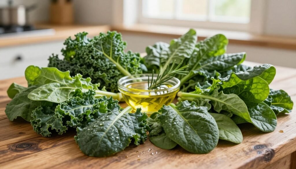 A vibrant display of dark leafy greens, featuring kale, spinach, and collard greens, artistically arranged on a rustic wooden table. In the foreground, the greens glisten with water droplets, emphasizing freshness and organic appeal. In the middle ground, a bright bowl of olive oil with a sprig of rosemary adds contrast and a hint of culinary richness. In the background, soft, blurred sunlight filters through a kitchen window, creating a warm and inviting atmosphere. The lighting is soft and diffused, casting gentle shadows that enhance the textures of the leaves. This composition conveys a sense of health and nourishment, ideal for illustrating the importance of leafy greens in senior diets. A vibrant display of dark leafy greens, featuring kale, spinach, and collard greens, artistically arranged on a rustic wooden table. In the foreground, the greens glisten with water droplets, emphasizing freshness and organic appeal. In the middle ground, a bright bowl of olive oil with a sprig of rosemary adds contrast and a hint of culinary richness. In the background, soft, blurred sunlight filters through a kitchen window, creating a warm and inviting atmosphere. The lighting is soft and diffused, casting gentle shadows that enhance the textures of the leaves. This composition conveys a sense of health and nourishment, ideal for illustrating the importance of leafy greens in senior diets.