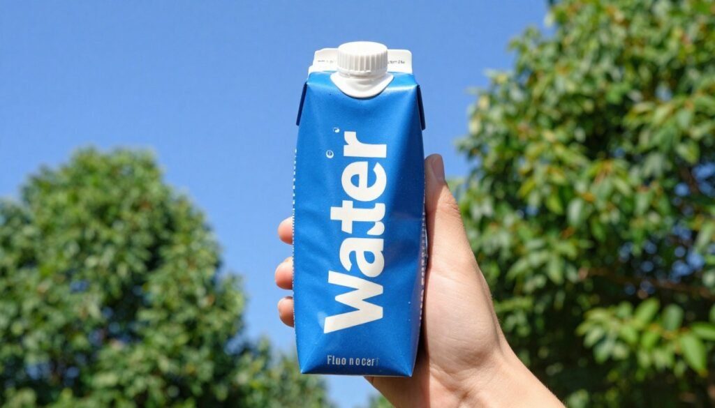 A vibrant outdoor photo of a blue Just Water carton being held against a clear blue sky, with lush green trees in the background, emphasizing eco-friendly and plant-based packaging.