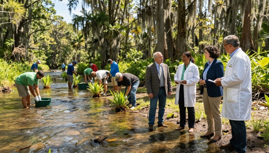 A vibrant scene depicting efforts to improve water quality in Louisiana. In the foreground, a diverse group of professionals in business attire, including an environmental scientist and community leader, actively discussing water conservation techniques by a clear, flowing river surrounded by lush green vegetation. In the middle ground, community members are seen volunteering, planting native plants along the riverbank, with rehydration techniques showcased. The background features an iconic Louisiana cypress swamp, with Spanish moss draping from the trees, under a bright blue sky. Warm, natural sunlight casts an inviting glow on the water, highlighting its clarity and promoting a sense of hope and collaboration. The atmosphere is uplifting, symbolizing community engagement and environmental stewardship.