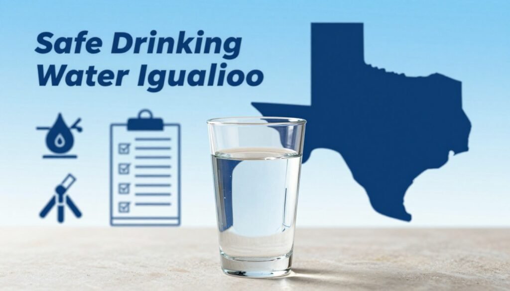 A visually appealing and informative illustration depicting safe drinking water regulations focused on Texas. In the foreground, a clear glass of pristine water sits prominently, showcasing its purity. In the middle ground, various icons representing water quality testing, such as a test tube and a checklist, are subtly integrated to indicate essential regulations. The background features a stylized silhouette of Texas with a blue sky, emphasizing the state’s commitment to water quality. Soft, natural lighting enhances the clarity of the water and creates a reassuring atmosphere. Capture this scene from a slight high angle, providing a comprehensive view that conveys trust and safety in drinking water. The overall mood should be one of optimism and assurance, reflecting the importance of clean water for all Texans.