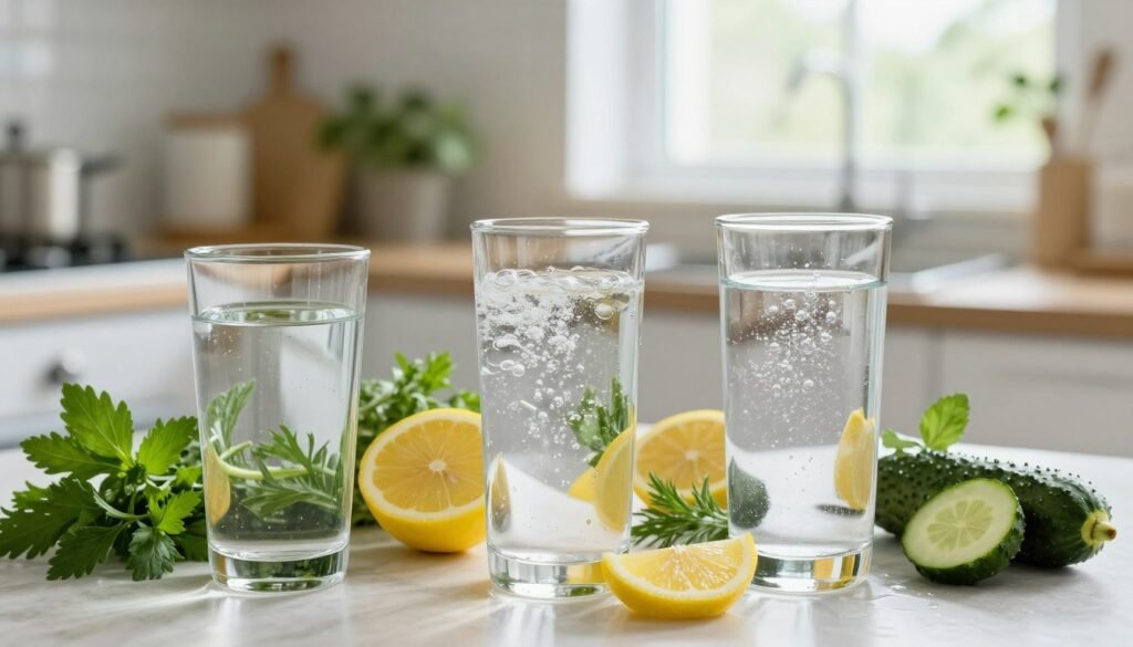 A visually captivating arrangement of various types of water, highlighting their health benefits and purity. In the foreground, place three distinct glass containers: one filled with clear, fresh spring water, another with sparkling mineral water, and a third with filtered water, each showcasing unique characteristics like bubbles or clarity. In the middle, include a vibrant array of natural elements such as herbs, lemon slices, and cucumber, emphasizing hydration and wellness. The background should feature a serene kitchen atmosphere with soft, natural lighting coming from a window, enhancing the freshness of the scene. The mood should evoke a sense of vitality and health, inviting viewers to explore the best options for drinking water.