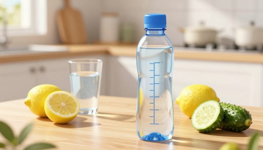 A visually engaging illustration depicting the concept of daily water intake, featuring a clean, modern water bottle filled to the optimal level, set on a wooden table. In the foreground, the focus is on the water bottle, which is surrounded by fresh fruits like lemons and cucumbers, highlighting hydration. The middle ground includes a glass of water reflecting sunlight, symbolizing purity and freshness. In the background, a sunlit kitchen environment creates an inviting atmosphere, with soft shadows and warm tones. The lighting is bright and cheerful, evoking a sense of vitality and health. The overall mood is refreshing and uplifting, perfect for reflecting the importance of proper hydration.