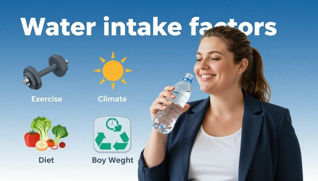 A visually engaging infographic illustrating the concept of "water intake factors" for a 200 lb woman aiming to lose weight. In the foreground, feature a smiling, professional woman in smart casual attire, holding a clear water bottle, symbolizing hydration. In the middle, include visually appealing icons or illustrations representing different factors such as exercise (a dumbbell), climate (a sun), diet (healthy foods), metabolism (a metabolism symbol), and body weight (a scale). The background should be a calming gradient of blue, enhancing the hydration theme. Use soft, natural lighting with a focus on the subject in the foreground, creating an inviting and informative atmosphere. The overall mood should feel educational and motivating, perfect for an informative article.