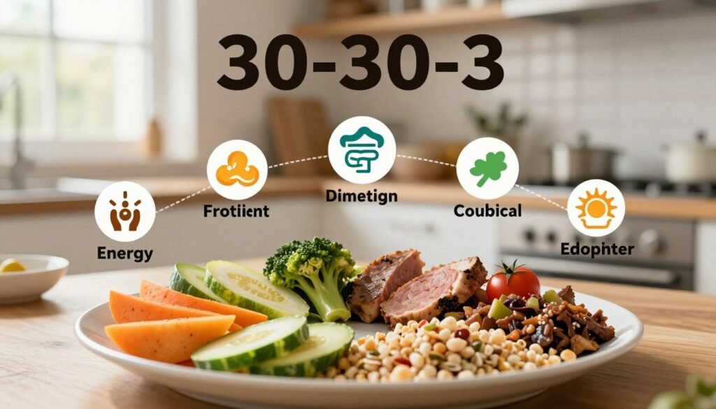 A visually engaging infographic-style illustration depicting the health benefits of the 30-30-3 rule for eating. In the foreground, show a balanced plate of colorful food, including fruits, vegetables, lean proteins, and whole grains, arranged artfully to emphasize diversity. In the middle, include stylized icons representing various health benefits, such as improved energy, better digestion, and weight management, connected with flowing lines. The background should feature a softly blurred kitchen setting with natural light streaming in from a window, creating a warm and inviting atmosphere. Use a shallow depth of field to focus on the foreground elements while maintaining an airy feel. The overall mood should be uplifting and motivating, emphasizing the positive impact of healthy eating habits.