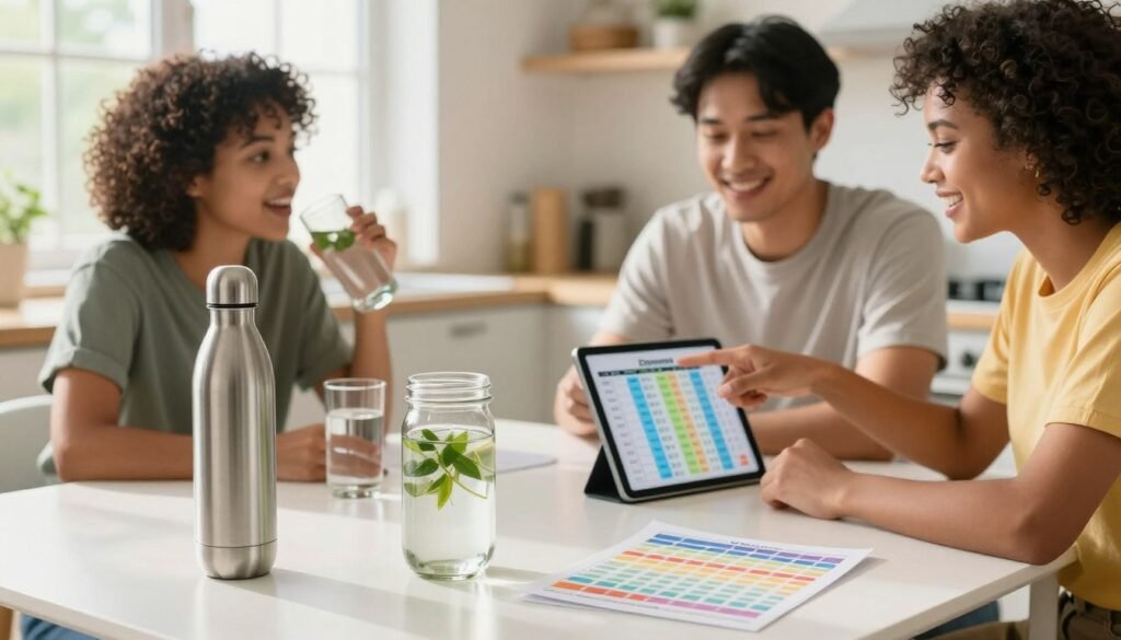 A visually engaging scene illustrating practical hydration strategies for Zepbound patients. In the foreground, a well-organized table with various water containers—a stainless steel bottle, a glass jar filled with infused water, and colorful hydration tracker charts. The middle ground features a diverse group of three individuals in modest casual clothing, energetically discussing hydration tips. One person is pointing at a hydration tracker on a tablet. In the background, a bright and inviting kitchen setting, well-lit by natural sunlight filtering through a window, creating an atmosphere of warmth and health. The overall mood should be encouraging and informative, promoting good hydration habits. Use a soft focus lens effect to enhance a sense of clarity and connection.