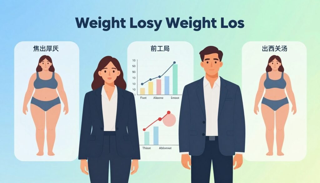 A visually informative illustration depicting weight loss patterns by sex, focusing on professional representations of males and females. In the foreground, two figures (a man and a woman) wearing smart casual attire stand side by side, showcasing body silhouttes that highlight typical fat distribution areas. In the middle ground, charts and graphs visually represent where each sex tends to lose weight first, with labeled sections indicating the abdomen, thighs, and arms. The background features a gradient that transitions from soft blue to light green, evoking a sense of calm and health. The lighting is soft and even, enhancing the professionalism of the scene. The overall atmosphere is educational and engaging, perfect for illustrating the article's focus on body composition and weight loss factors.