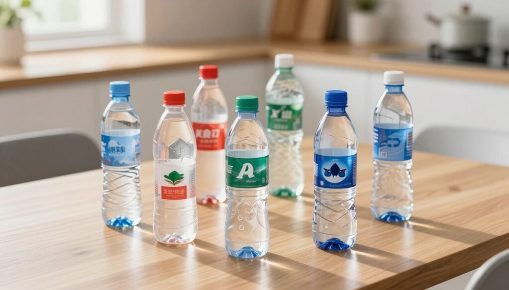 A visually striking arrangement of various bottled water brands artfully displayed on a clean, modern wooden table. In the foreground, focus on three distinct, popular bottled water brands with sleek, transparent packaging showcasing their crisp, refreshing contents. In the middle, feature a few lesser-known brands, each with unique, colorful labels that stand out. The background should be softly blurred, suggesting a bright, airy kitchen environment with natural light streaming in through a nearby window, casting gentle shadows. The overall mood is inviting and refreshing, highlighting the purity and appeal of bottled water. Use a slightly elevated angle to capture the essence of the brands while keeping the composition balanced and aesthetically pleasing.
