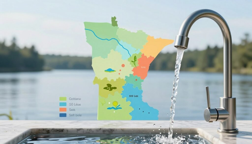 A visually striking infographic-style illustration showing regional differences in Minnesota water quality. In the foreground, depict clear, shimmering tap water flowing from a modern kitchen faucet, with some drops catching the light. In the middle, a colorful map of Minnesota showcasing distinct regions, with varying shades representing different water quality levels. Include stylized icons for rivers, lakes, and potential contaminants like algae blooms or pollutants in specific areas. In the background, faint outlines of Minnesota's natural landscapes, including forests and lakes, with soft, natural lighting that conveys a sense of purity. The overall mood should be informative yet inviting, emphasizing the importance of clean water across diverse regions.