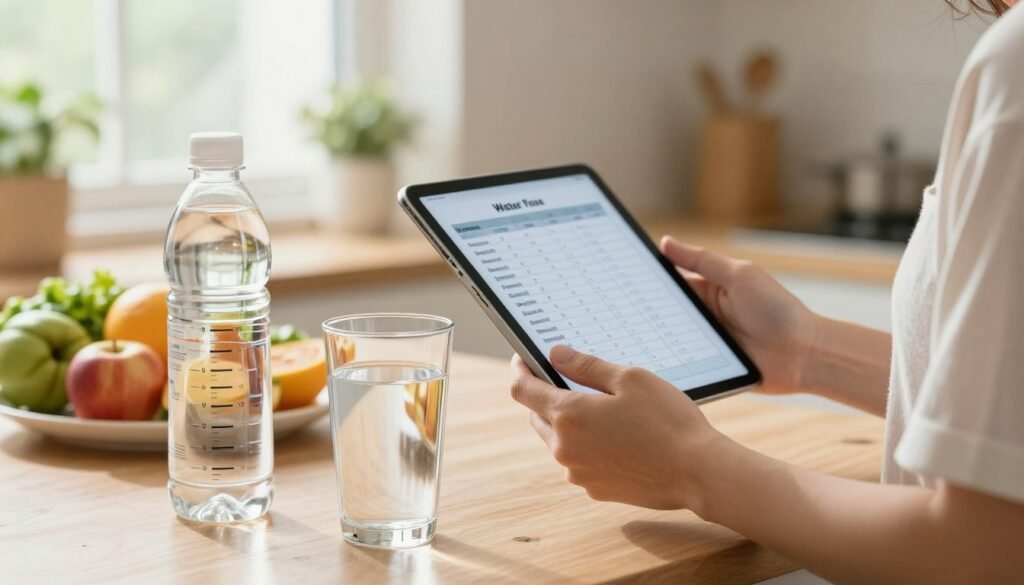 A well-lit kitchen setting showcasing a professional-looking individual measuring water intake. In the foreground, a glass filled with fresh water sits next to a water bottle labeled with measurement markers. The person, dressed in smart casual attire, is focused on a water intake chart displayed on a tablet in their hands, indicating the importance of hydration. In the middle ground, there are fruits and vegetables that visually suggest healthy snack options, enhancing the lifestyle aspect. The background features a sunlit window with plants, creating a warm and inviting atmosphere. Use soft, natural lighting to evoke a sense of calm and clarity, with a slight focus on the water glass to emphasize hydration as the main theme of the image.