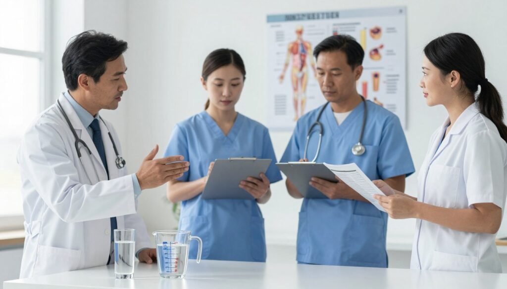 A well-lit medical setting focusing on hydration precautions. In the foreground, a clear glass of water with a measuring cup beside it, symbolizing daily hydration measurement. In the middle ground, a diverse group of three professionals dressed in business attire — a male doctor explaining hydration guidelines, a female nurse holding a clipboard with hydration charts, and a dietitian reviewing a hydration plan. The background features a wall chart illustrating the human body's water composition and hydration needs. Soft, natural light streams in from a window, creating a calm and informative atmosphere. The angle slightly above eye level offers a comprehensive view of the scene, emphasizing the importance of proper hydration in a professional context.