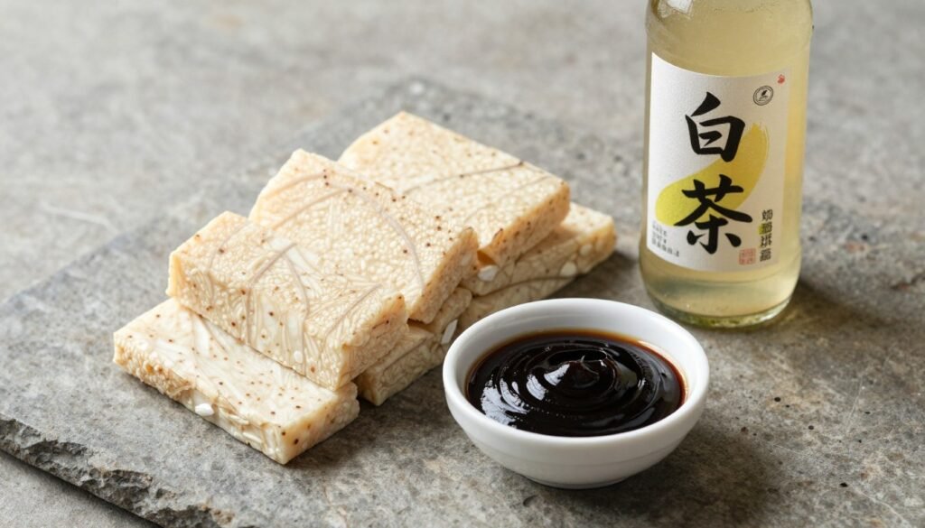 An aesthetic arrangement of a block of organic tempeh, a small bowl of dark miso paste, and a bottle of sparkling kombucha on a stone surface. An aesthetic arrangement of a block of organic tempeh, a small bowl of dark miso paste, and a bottle of sparkling kombucha on a stone surface.