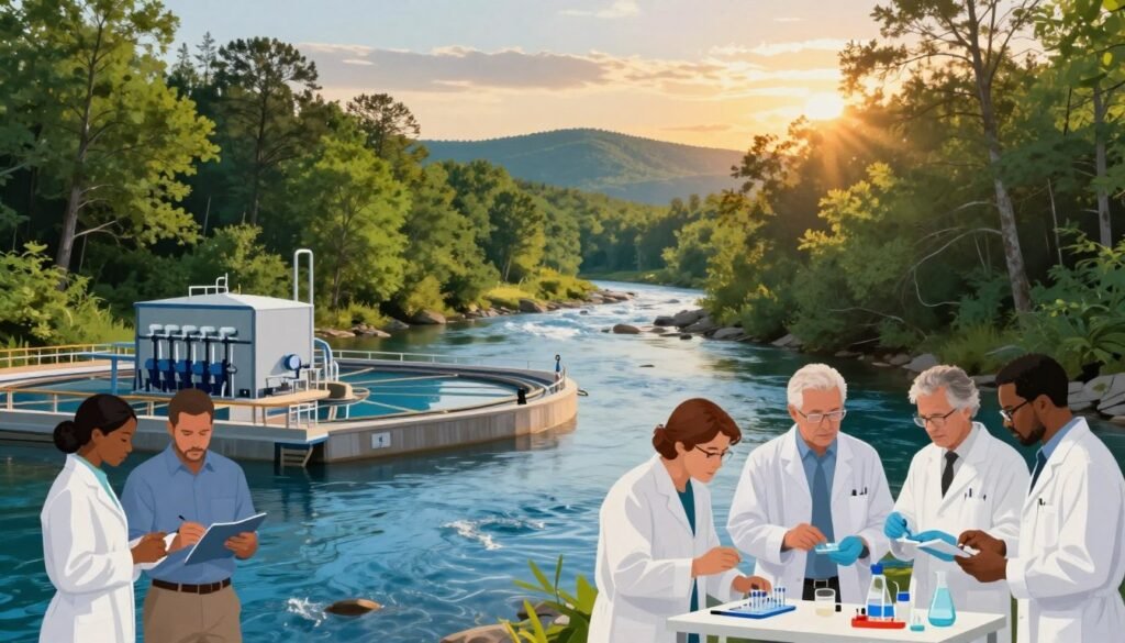An informative illustration of water quality improvement programs in North Carolina, featuring a serene landscape with a clear blue river flowing through lush green forests. In the foreground, display a group of diverse scientists in professional attire, discussing water quality metrics while examining a water testing kit. In the middle ground, show well-maintained water treatment facilities with modern technology and filtering systems. In the background, depict rolling hills and a vibrant sunset with warm, golden light filtering through the trees, creating a hopeful atmosphere. The composition should utilize a wide-angle lens to capture both the details of the scientists and the expansive beauty of the natural environment, reflecting the core message of continuous improvement in drinking water quality.