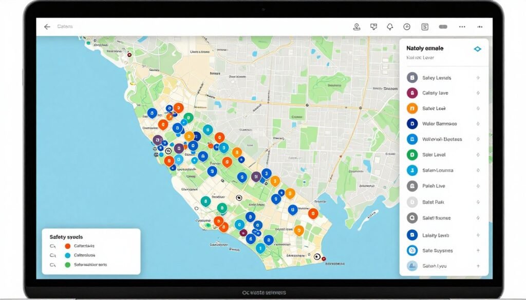 An interactive digital map of California on a laptop screen showing various colorful markers that represent different water system safety levels in local neighborhoods.