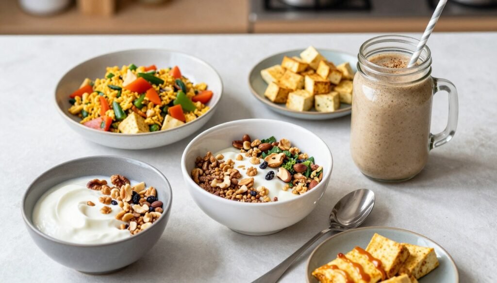 An overhead shot of various high-protein breakfast options, including a Greek yogurt bowl with nuts, a tofu scramble, and a protein smoothie in a glass jar. An overhead shot of various high-protein breakfast options, including a Greek yogurt bowl with nuts, a tofu scramble, and a protein smoothie in a glass jar.