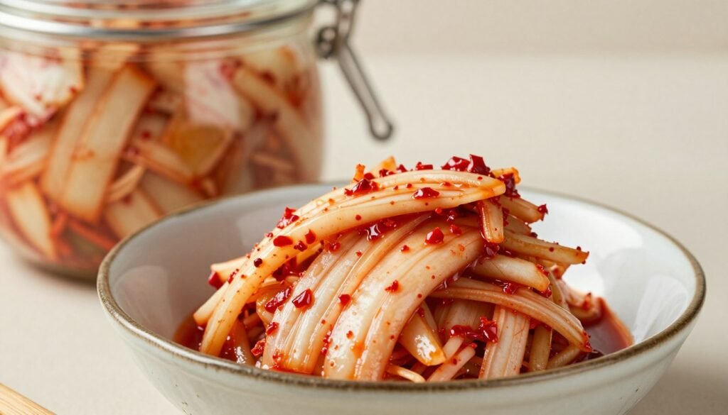 Close-up of traditional Korean kimchi in a ceramic bowl and crunchy German sauerkraut in a glass jar, showing the vibrant textures of the fermented vegetables. Close-up of traditional Korean kimchi in a ceramic bowl and crunchy German sauerkraut in a glass jar, showing the vibrant textures of the fermented vegetables.