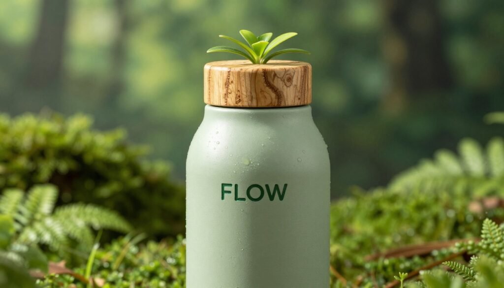 Eco-friendly Flow water carton in a lush green forest setting, natural sunlight hitting the plant-based cap, professional photography, high detail.