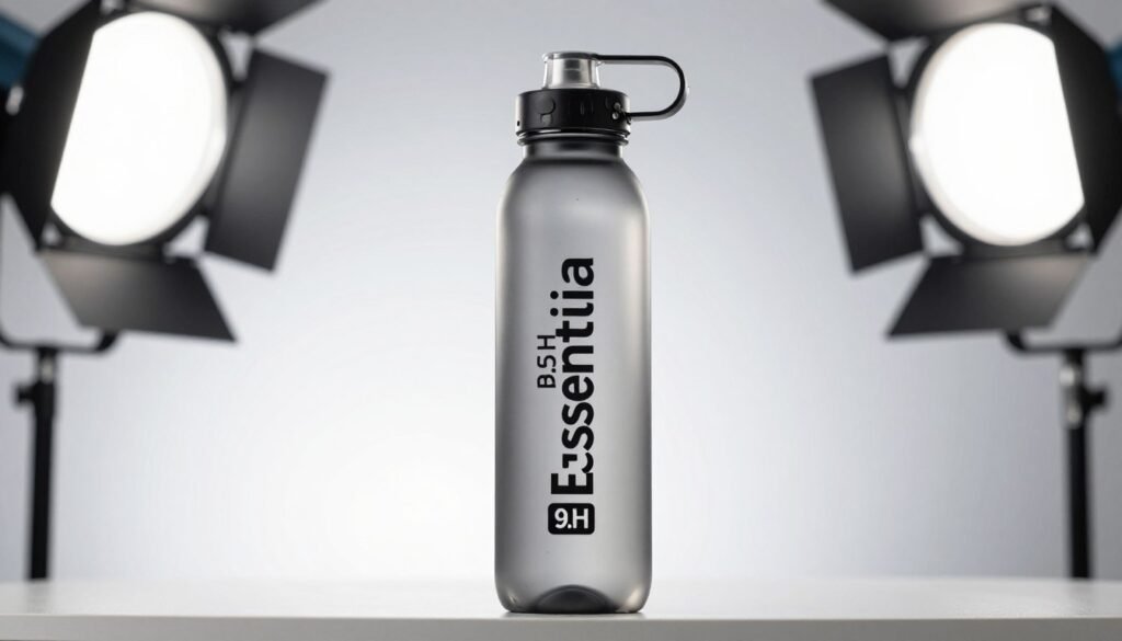 High-end product photography of an Essentia water bottle, sharp focus on the 9.5 pH label, bright studio lighting, minimalist background, 8k resolution.
