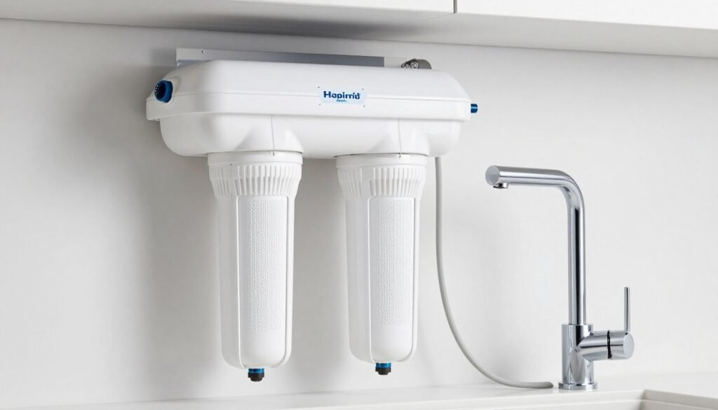 Modern under-sink reverse osmosis water filtration system with chrome faucet, clean white kitchen background, 4k resolution, high detail on the filters and tubing.