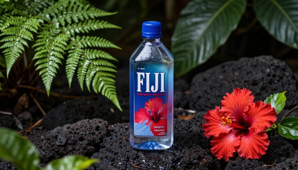 Professional high-resolution photograph of a signature square Fiji water bottle resting on a damp, dark volcanic rock surrounded by lush tropical ferns and exotic hibiscus flowers, soft cinematic natural lighting, 8k resolution.
