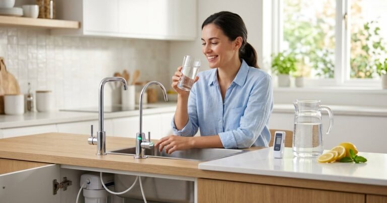 Glass of water, electrolyte drink, and GLP-1 weight-loss medication pen on a kitchen counter, representing hydration tips before starting GLP-1