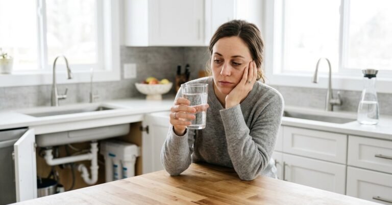 A fatigued person holding a glass of water, illustrating common conditions that are mistaken for dehydration