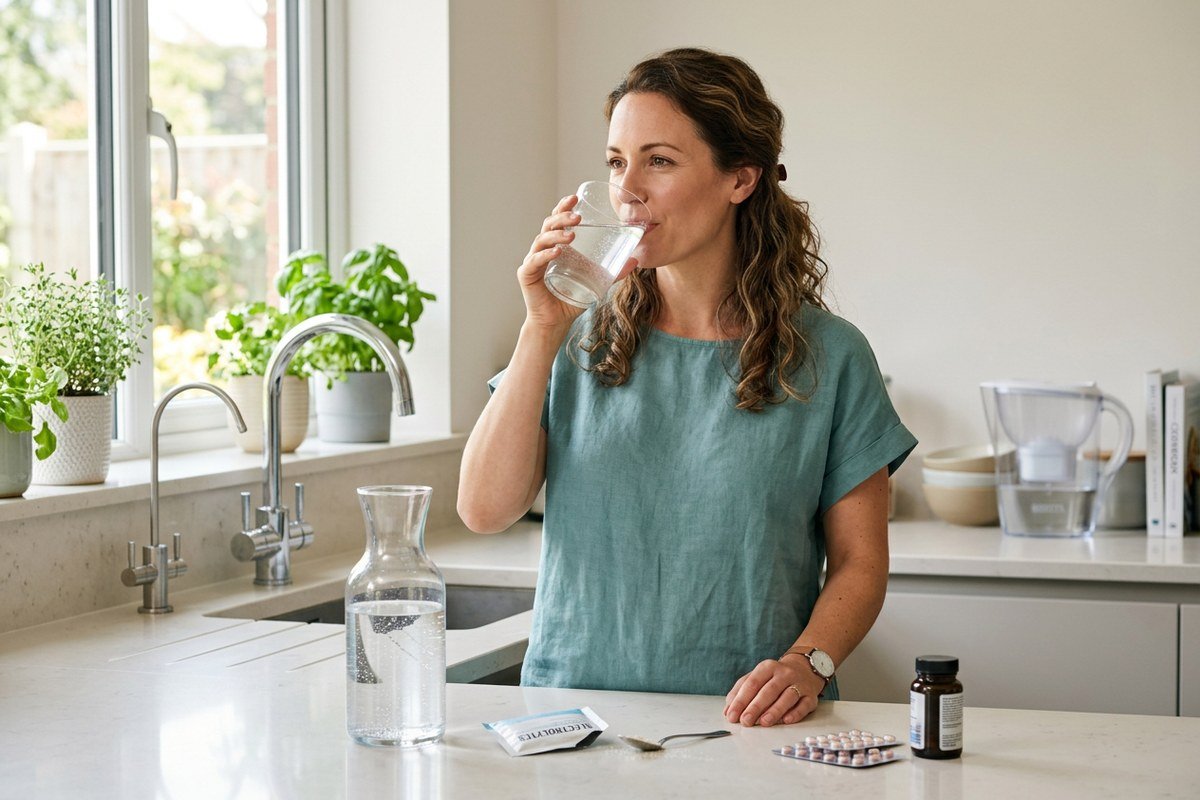 Glass of water with electrolyte tablets and supplements on a kitchen counter, illustrating hydration habits while taking GLP-1 weight-loss medication