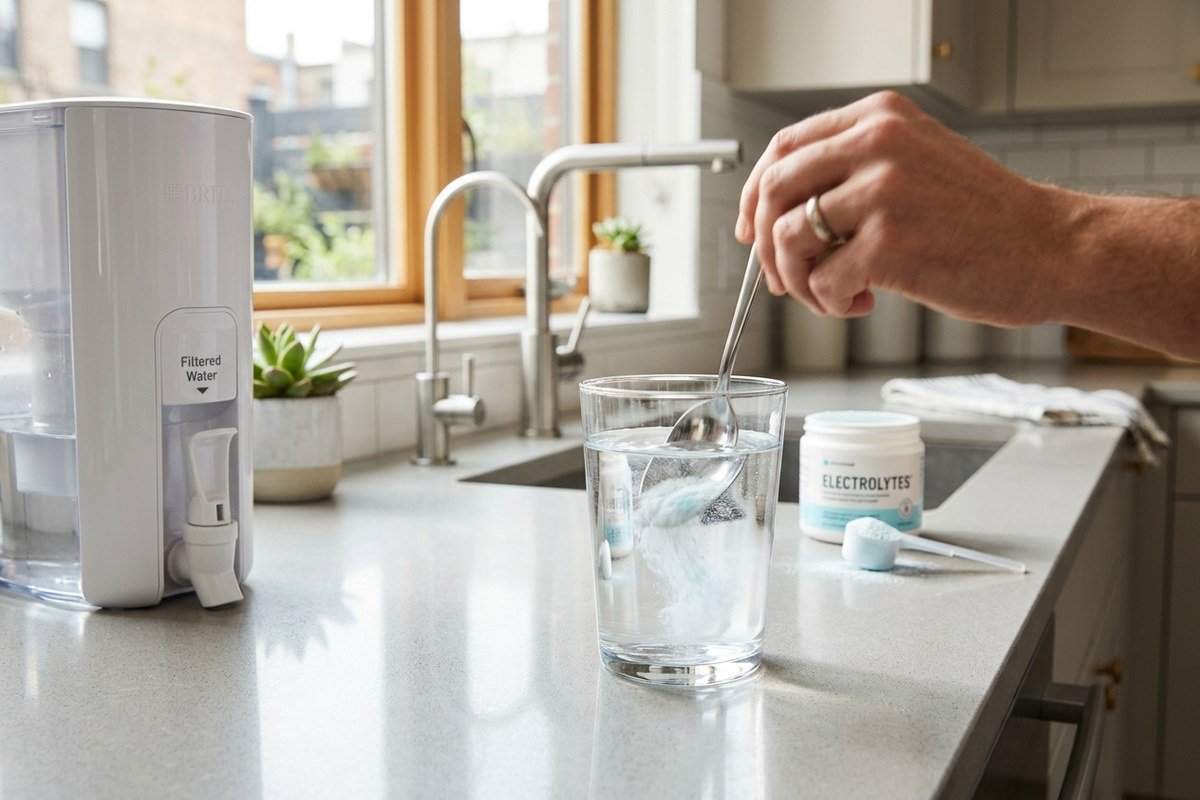 Electrolyte powder being mixed into a glass of water, illustrating an electrolyte imbalance that can mimic dehydration