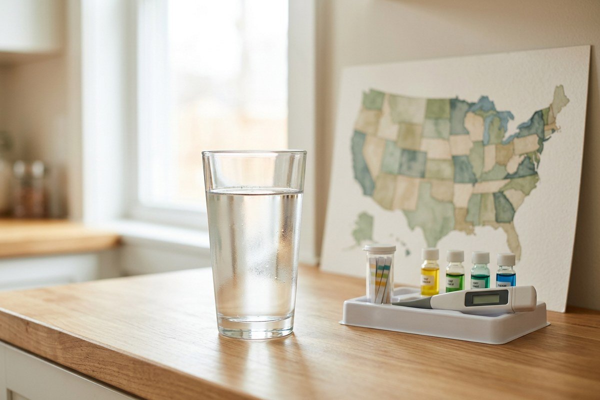 A clear glass of tap water beside a U.S. map and an at-home water testing kit, illustrating how drinking water quality varies by state