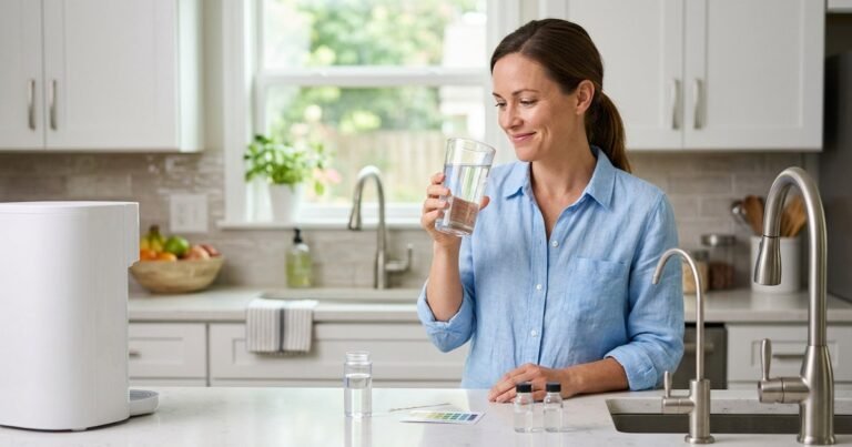 Glass of clean drinking water over a stylized U.S. map, representing which US state has the best water quality