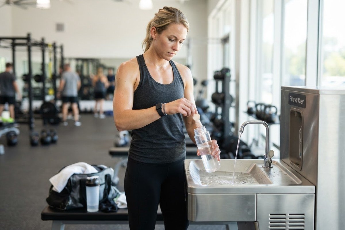 Athlete adding an electrolyte tablet to a refillable water bottle after a workout