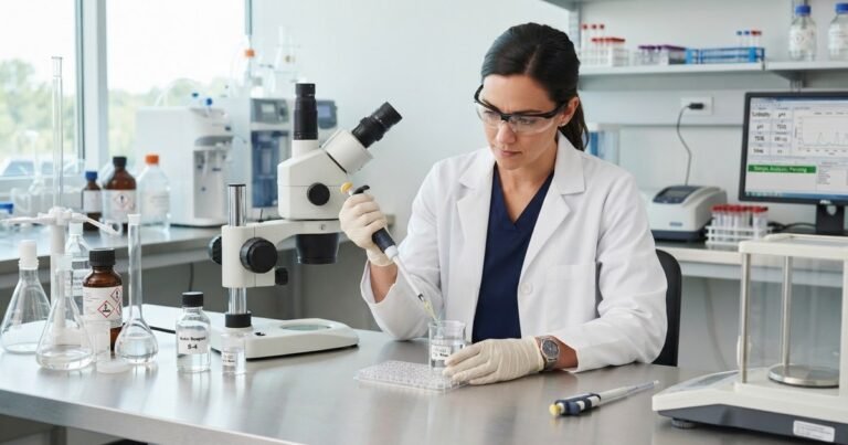 Laboratory technician analyzing a tap water sample to test for common drinking water contaminants