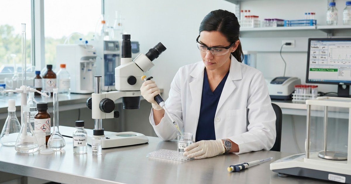 Laboratory technician analyzing a tap water sample to test for common drinking water contaminants