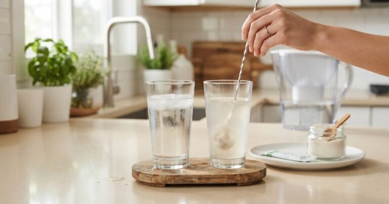 Two glasses side by side comparing plain water and electrolyte water with powder being stirred in
