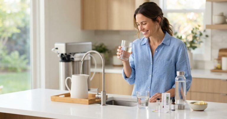 Single-use plastic bottled water next to a glass of filtered tap water, illustrating the pros and cons of drinking bottled water