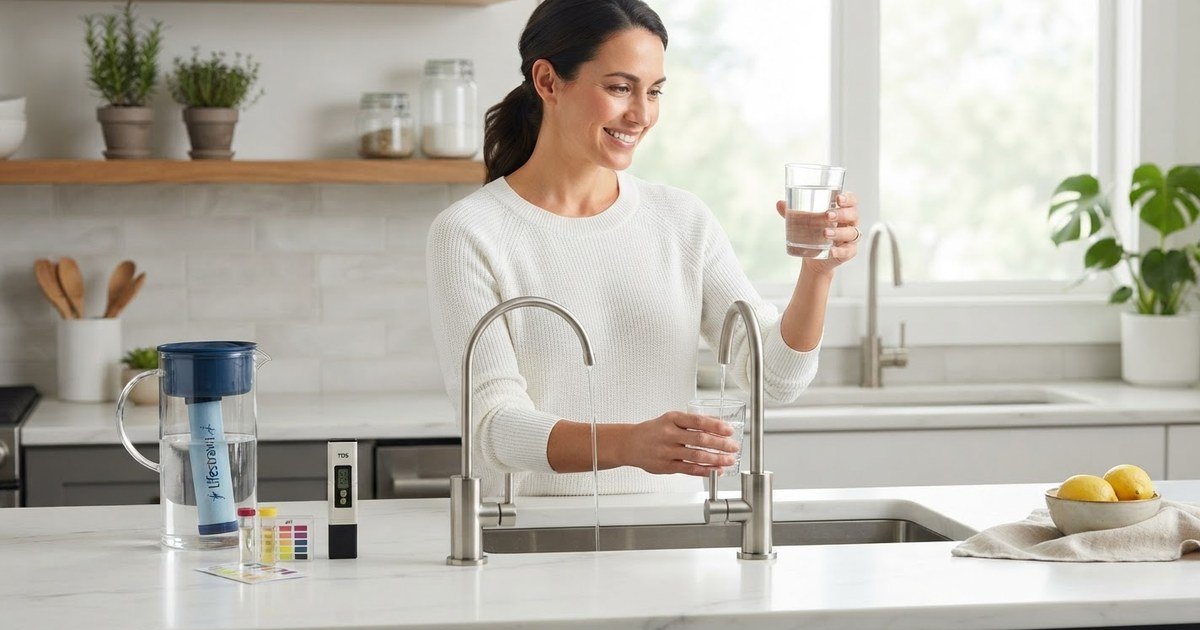 Comparison of countertop, under-sink, and whole-house water filter systems with NSF certification labels for a home water filter buying guide