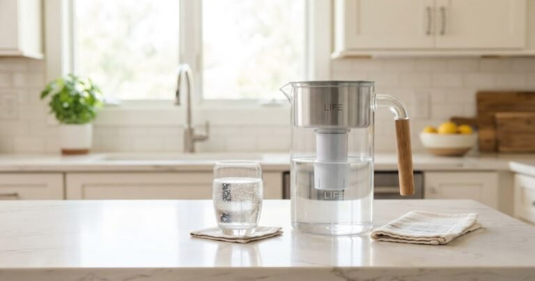 Modern kitchen countertop water filter pitcher with a glass of clean filtered water
