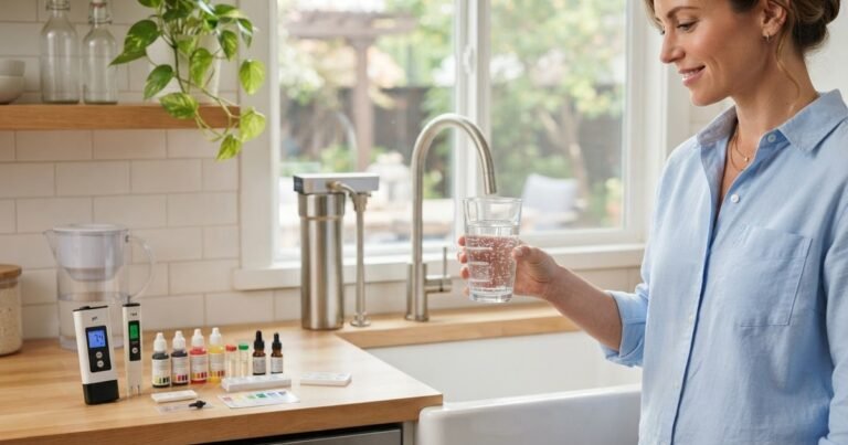 Home water testing setup on a kitchen counter with pH and TDS pen testers, reagent drops, and test strips beside a woman holding a glass of tap water