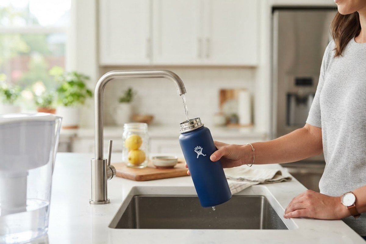 A reusable water bottle being filled from a home water filter in a bright kitchen, a low-waste alternative to bottled water