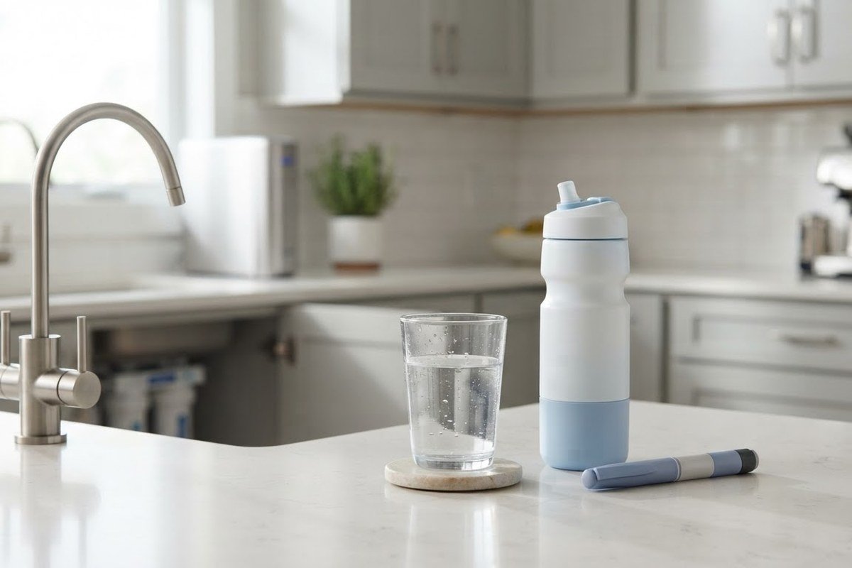 Water glass and electrolyte drink beside a GLP-1 injection pen on a kitchen counter, illustrating how to stay hydrated on GLP-1 medications