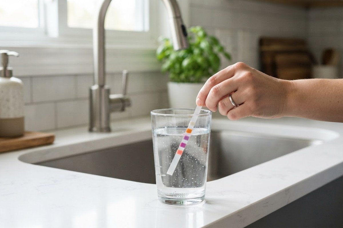 A glass of tap water being tested with a water quality test strip at a kitchen sink