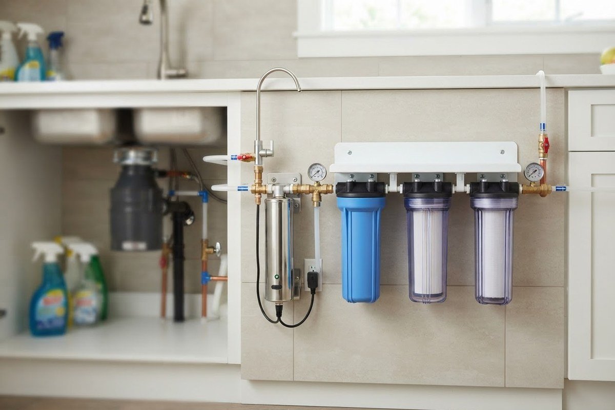 Under-sink whole-house water filtration setup showing sediment, carbon, and UV filter stages installed in sequence