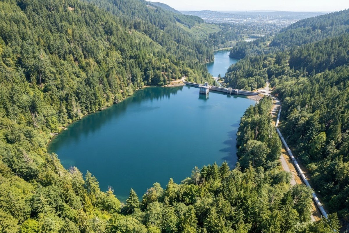 Aerial view of a forested, protected mountain reservoir and dam that supplies clean drinking water to a city in the distance