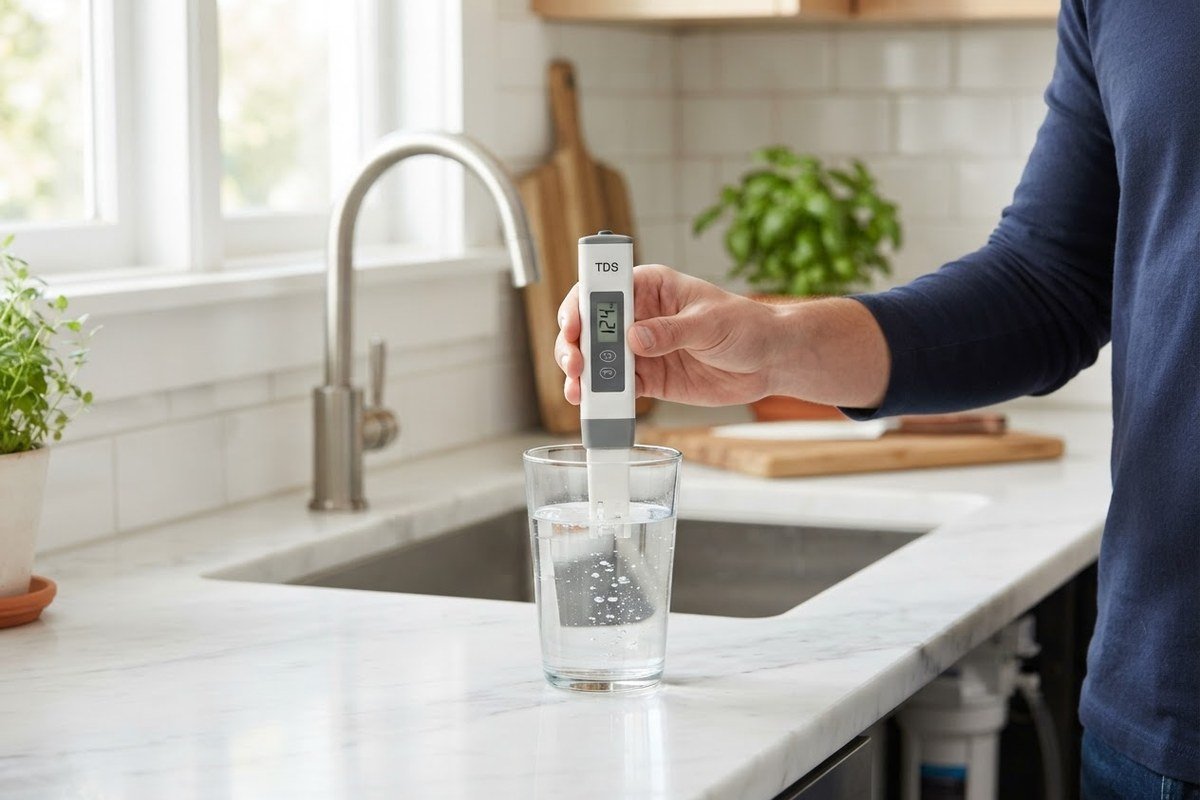 Hand dipping a digital TDS meter into a glass of tap water at a kitchen sink to test total dissolved solids