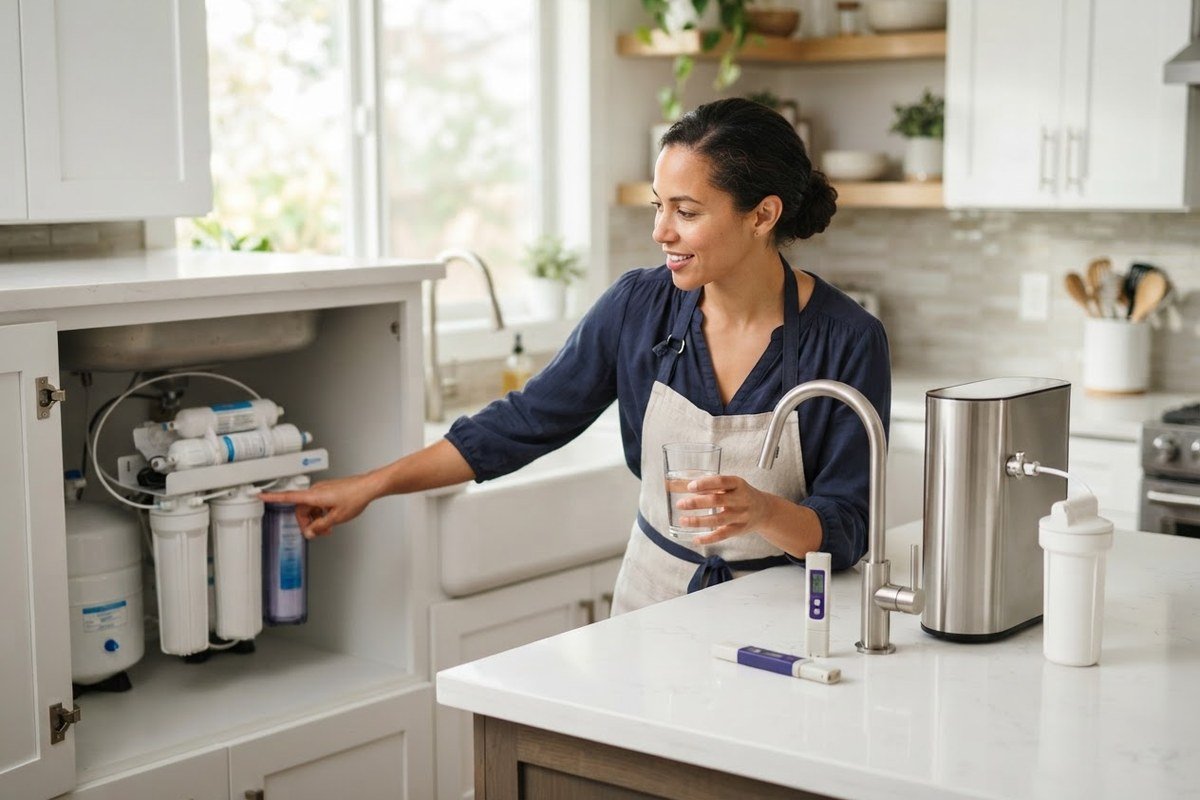Homeowner comparing an under-sink reverse osmosis system and a countertop water filter in a modern kitchen while reviewing NSF certification labels