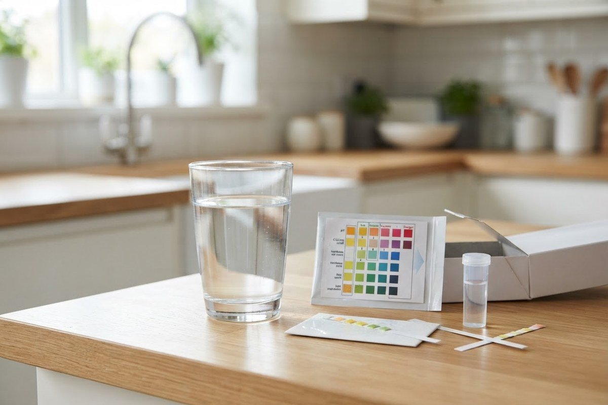 Home water testing kit with colour-coded test strips and a comparison chart next to a glass of tap water
